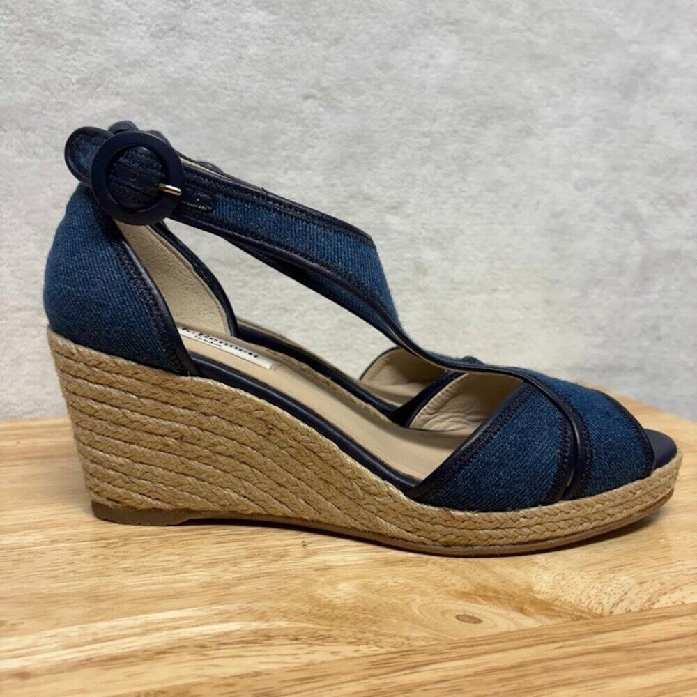L.K. Bennett "Kesha" Blue Jean Denim Wedge Espadrille Sandals Size EU 38 US 7.5